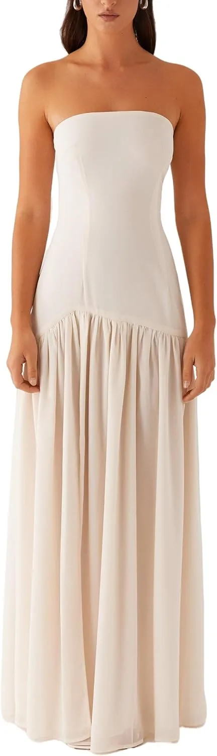 NUFIWI Women Y2k Strapless Maxi Dress Drop Waist Tube Top Dresses High Slit Off Shoulder Sleeveless Flowy Long Dress