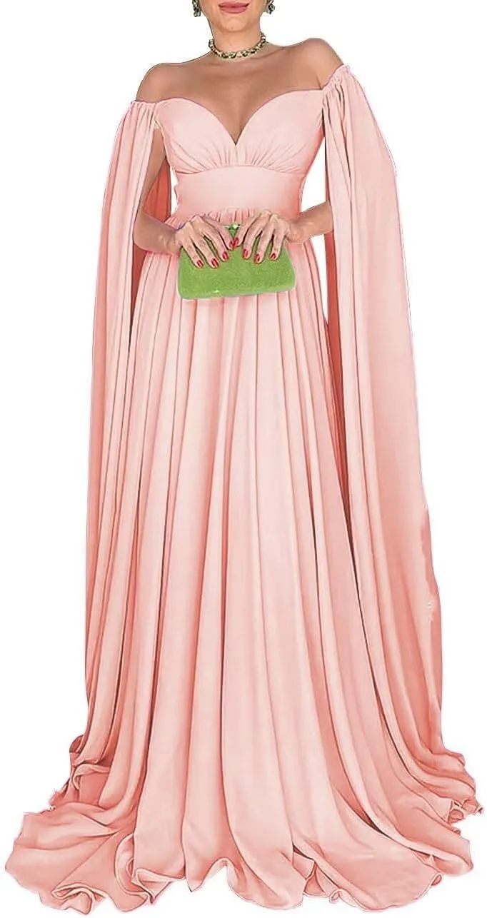 Off Shoulder Prom Dresses with Cape Sleeve for Women Long Chiffon Formal Evening Gowns A-Line Wedding Guest Dress LA80