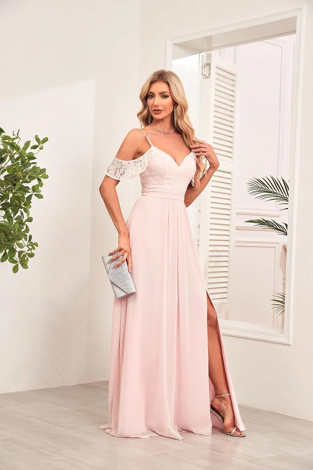 Off The Shoulder Bridesmaid Dresses Long with Slit Formal Evening Dress Chiffon Prom Wedding Party Gowns for Women MRX41