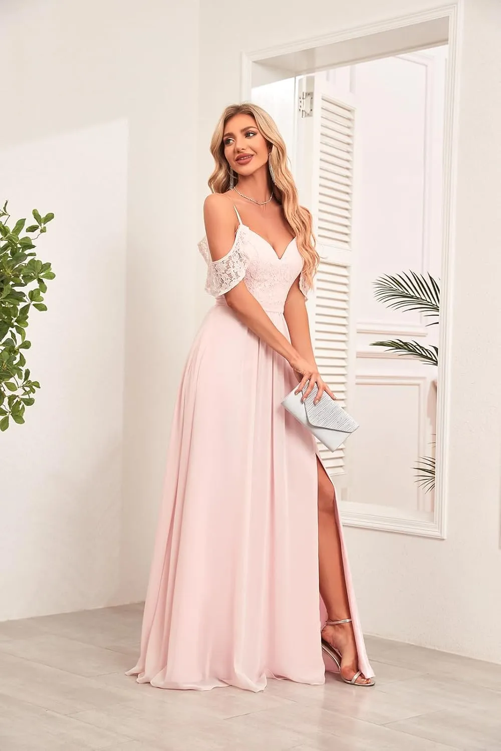 Off The Shoulder Bridesmaid Dresses Long with Slit Formal Evening Dress Chiffon Prom Wedding Party Gowns for Women MRX41
