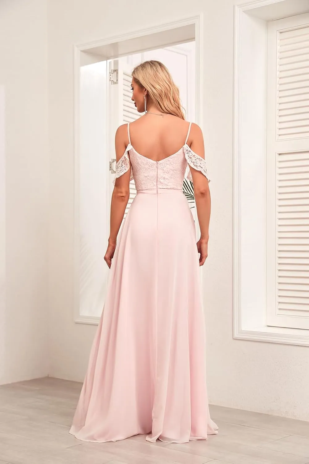 Off The Shoulder Bridesmaid Dresses Long with Slit Formal Evening Dress Chiffon Prom Wedding Party Gowns for Women MRX41
