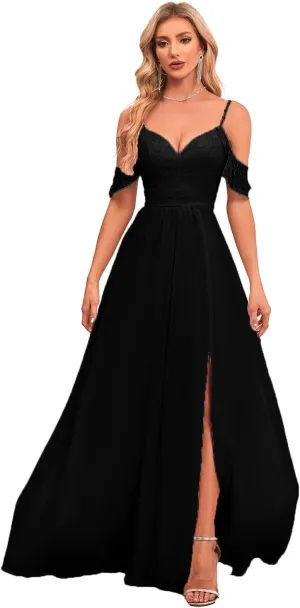 Off The Shoulder Bridesmaid Dresses Long with Slit Formal Evening Dress Chiffon Prom Wedding Party Gowns for Women MRX41