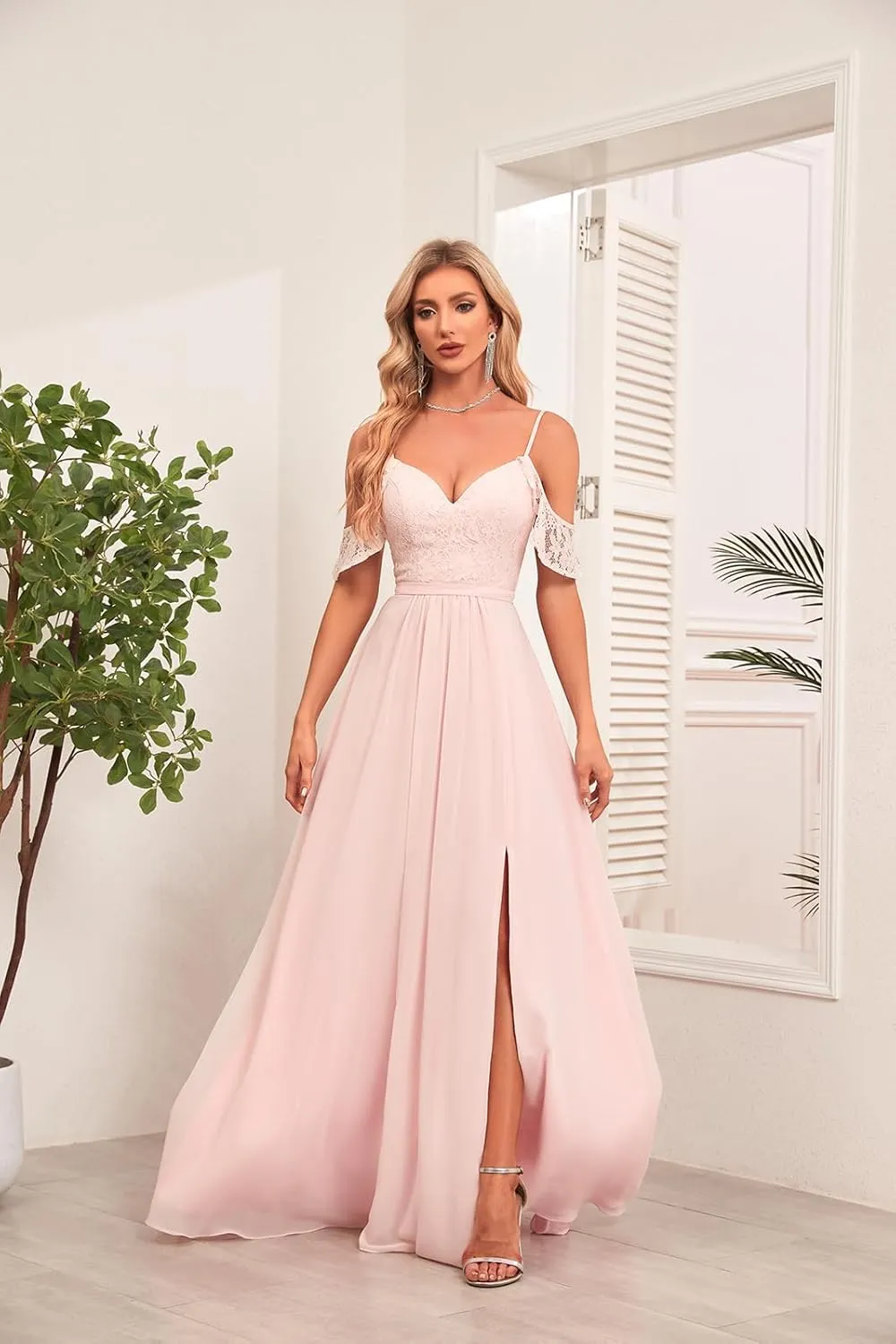 Off The Shoulder Bridesmaid Dresses Long with Slit Formal Evening Dress Chiffon Prom Wedding Party Gowns for Women MRX41