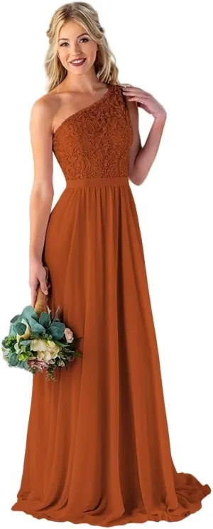 One Shoulder Bridesmaid Dresses Long for Wedding Lace Bodice Chiffon Formal Evening Party Gown with Pockets