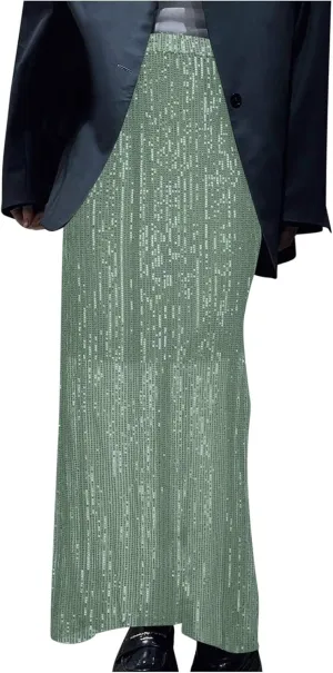 Oplxuo Women's Sequin Skirts Sparkly Glitter High Waisted Stretch Bodycon Maxi Skirts Elegant Cocktail Party Skirt Clubwear