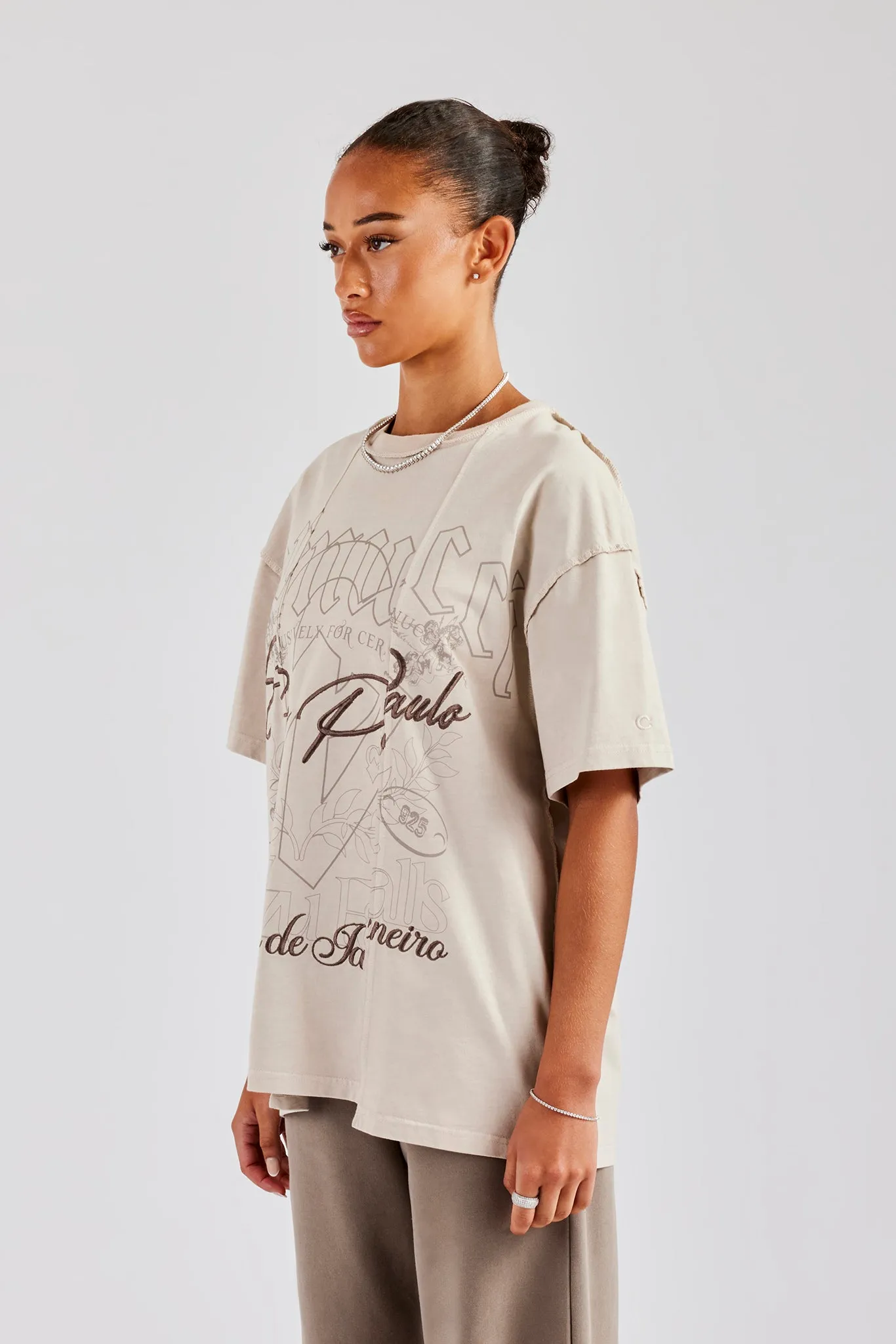 Oversized Spliced Graphic T-Shirt - Taupe