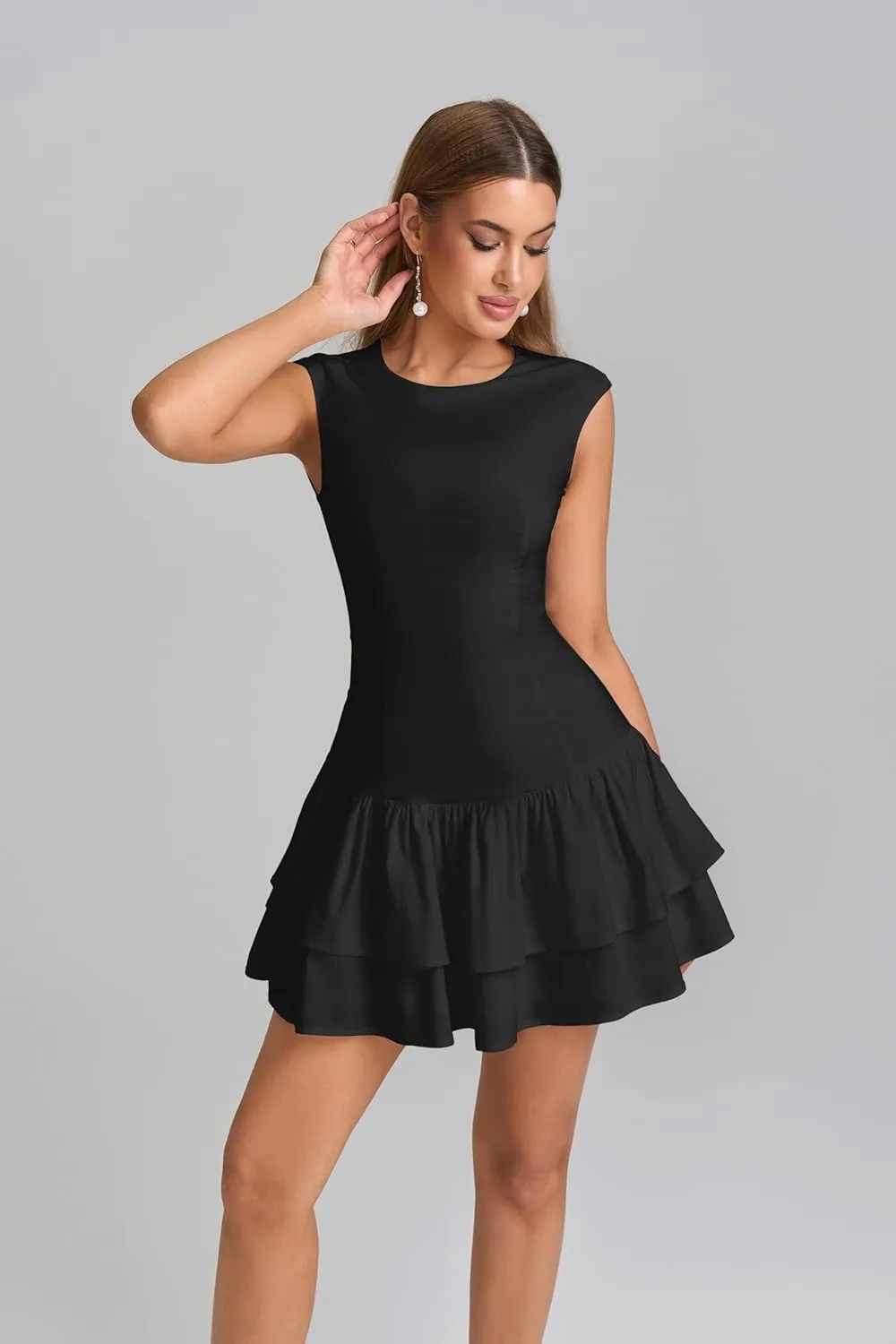 Parthea Women's Summer Sleeveless Crewneck Mini Dress Ruffle Hem Party Club Graduation Bodycon Dresses