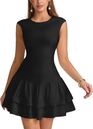 Parthea Women's Summer Sleeveless Crewneck Mini Dress Ruffle Hem Party Club Graduation Bodycon Dresses
