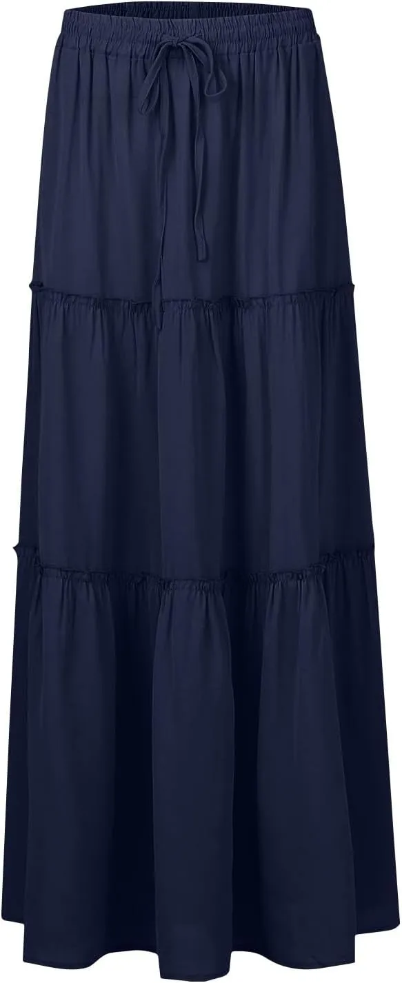 Pleated Long Skirts for Women Summer Casual Elastic High Waisted Skirts A-Line Flowy Swing Maxi Skirt with Pockets