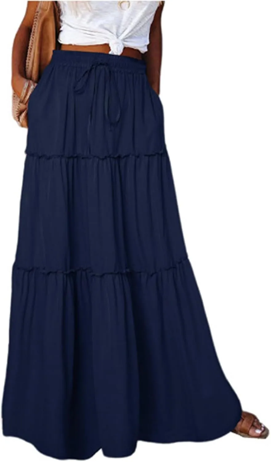 Pleated Long Skirts for Women Summer Casual Elastic High Waisted Skirts A-Line Flowy Swing Maxi Skirt with Pockets