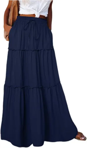 Pleated Long Skirts for Women Summer Casual Elastic High Waisted Skirts A-Line Flowy Swing Maxi Skirt with Pockets