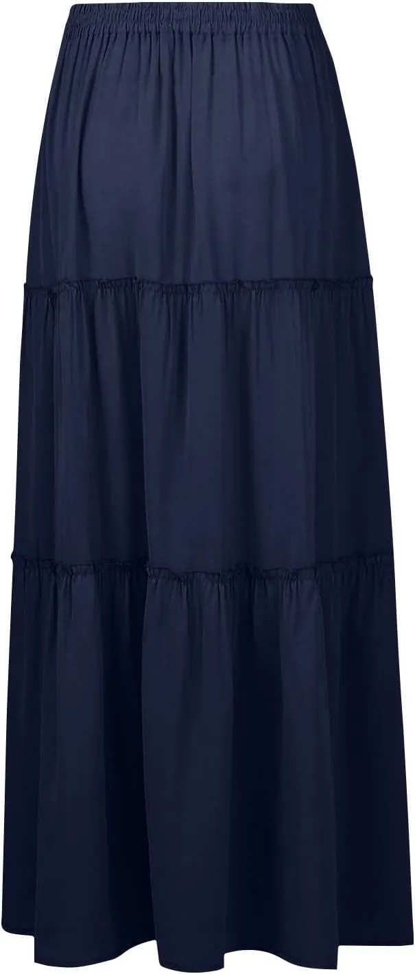 Pleated Long Skirts for Women Summer Casual Elastic High Waisted Skirts A-Line Flowy Swing Maxi Skirt with Pockets