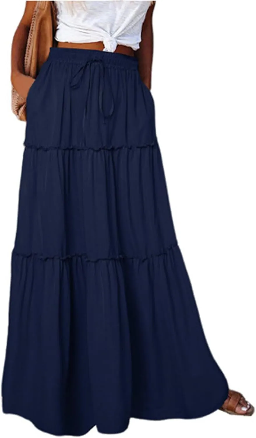 Pleated Long Skirts for Women Summer Casual Elastic High Waisted Skirts A-Line Flowy Swing Maxi Skirt with Pockets