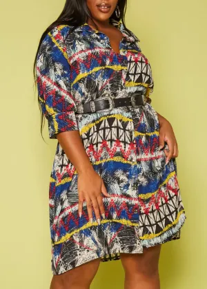 Plus Size Multi Print Collar Neck Knee Dress