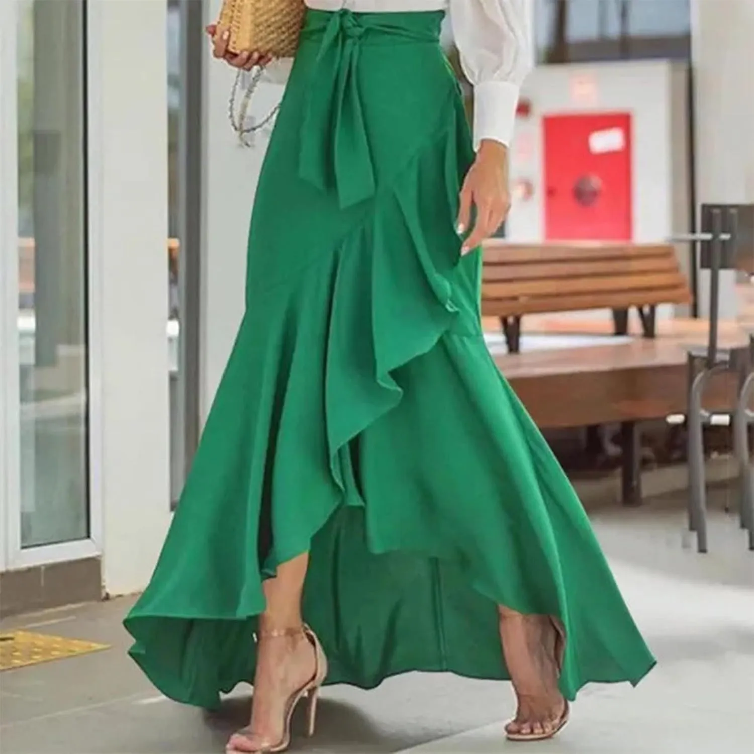 Plus Size Solid Mermaid Maxi Skirt Women Tie High Waist A Line Skirts Flowy Irregular Ruffle Hem Fishtail Long Skirt