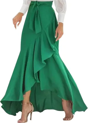 Plus Size Solid Mermaid Maxi Skirt Women Tie High Waist A Line Skirts Flowy Irregular Ruffle Hem Fishtail Long Skirt