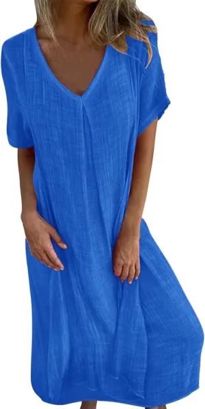 PTOLOCIF Midi Dress for Women,2025 Cotton Linen Summer Elegant V Neck Short Sleeve Beach Dress Trendy Flowy Boho Tshirt Dress