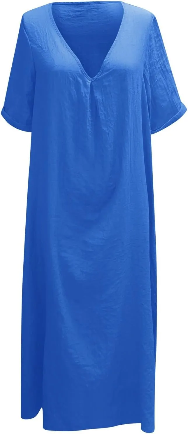 PTOLOCIF Midi Dress for Women,2025 Cotton Linen Summer Elegant V Neck Short Sleeve Beach Dress Trendy Flowy Boho Tshirt Dress