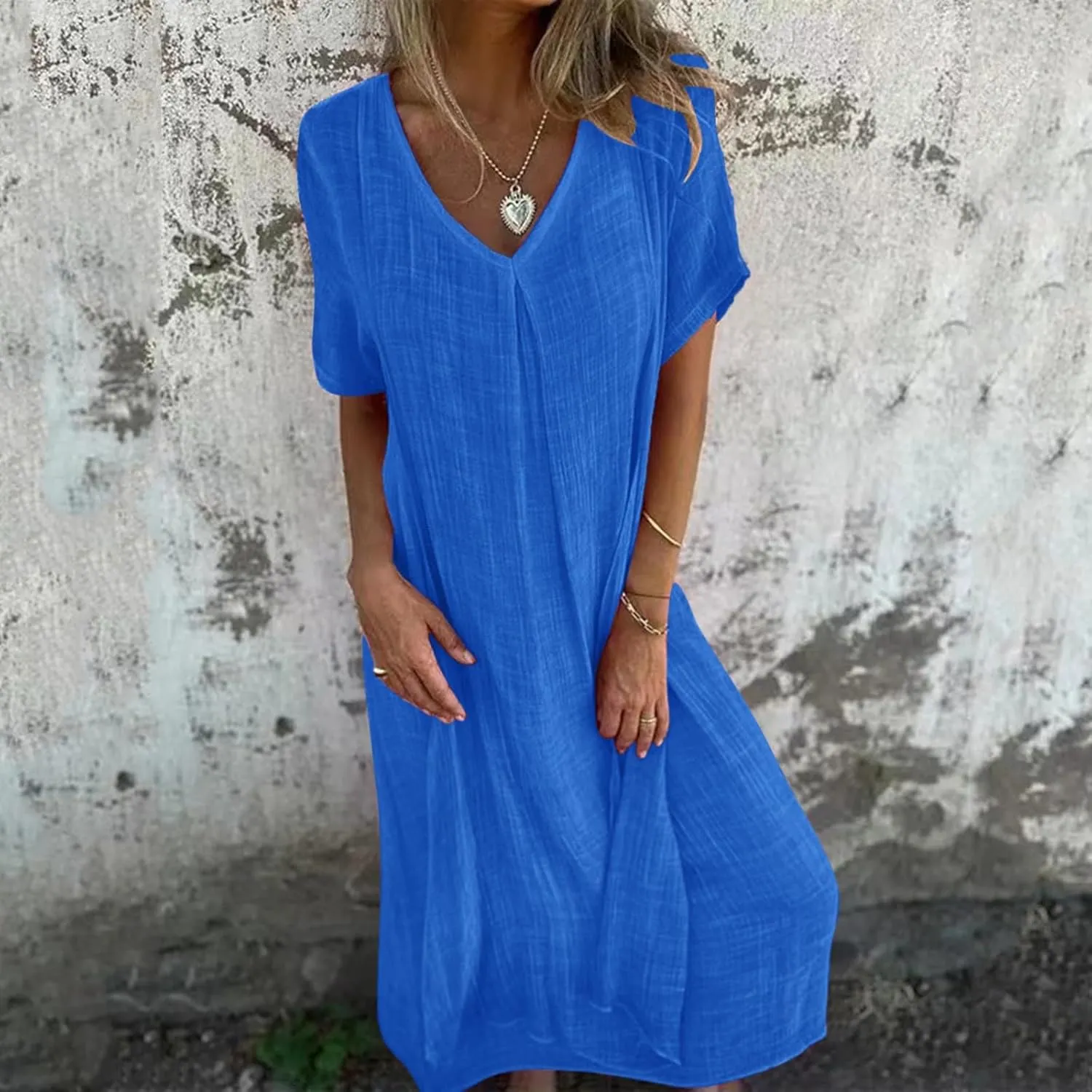 PTOLOCIF Midi Dress for Women,2025 Cotton Linen Summer Elegant V Neck Short Sleeve Beach Dress Trendy Flowy Boho Tshirt Dress