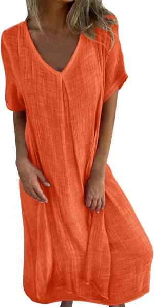 PTOLOCIF Midi Dress for Women,2025 Cotton Linen Summer Elegant V Neck Short Sleeve Beach Dress Trendy Flowy Boho Tshirt Dress