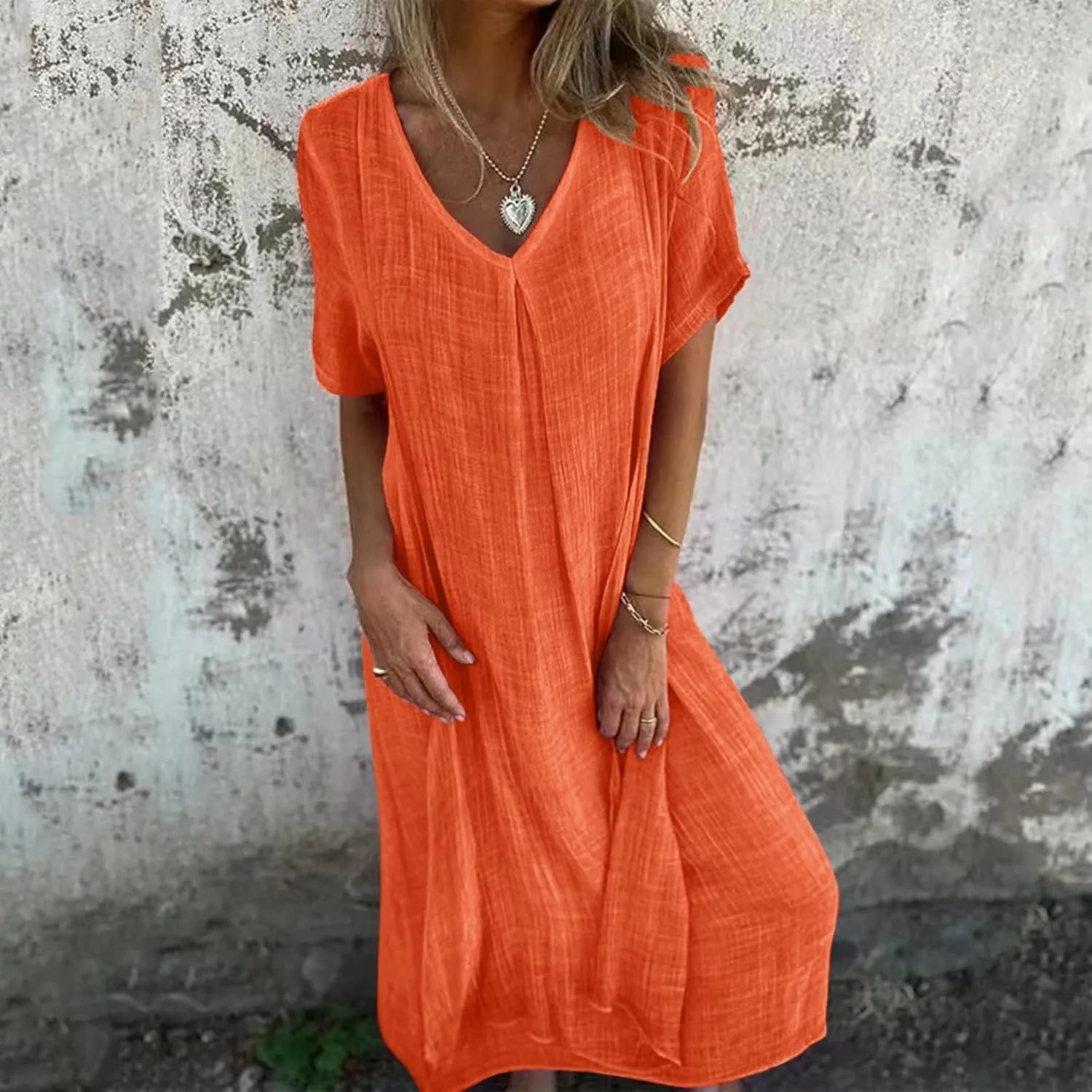PTOLOCIF Midi Dress for Women,2025 Cotton Linen Summer Elegant V Neck Short Sleeve Beach Dress Trendy Flowy Boho Tshirt Dress
