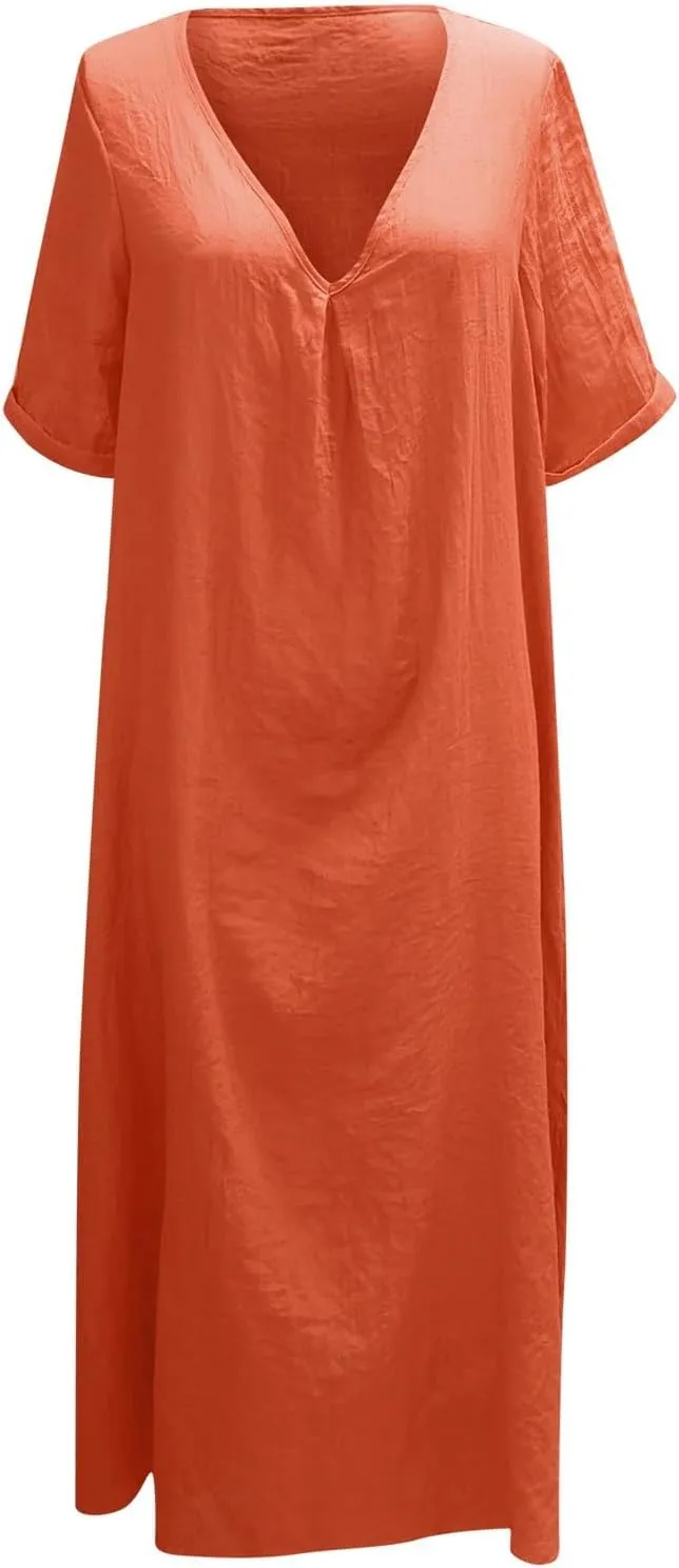 PTOLOCIF Midi Dress for Women,2025 Cotton Linen Summer Elegant V Neck Short Sleeve Beach Dress Trendy Flowy Boho Tshirt Dress
