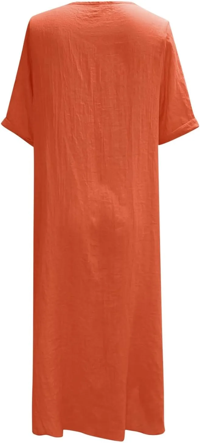 PTOLOCIF Midi Dress for Women,2025 Cotton Linen Summer Elegant V Neck Short Sleeve Beach Dress Trendy Flowy Boho Tshirt Dress