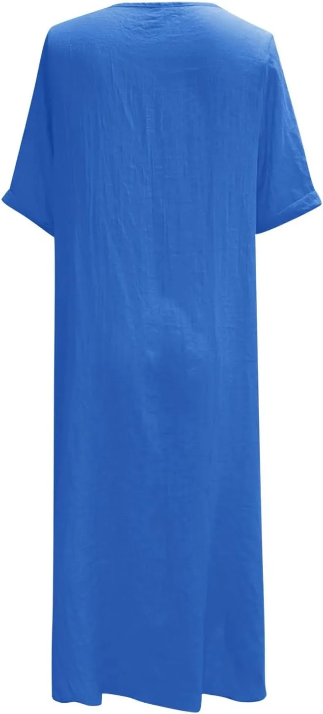 PTOLOCIF Midi Dress for Women,2025 Cotton Linen Summer Elegant V Neck Short Sleeve Beach Dress Trendy Flowy Boho Tshirt Dress