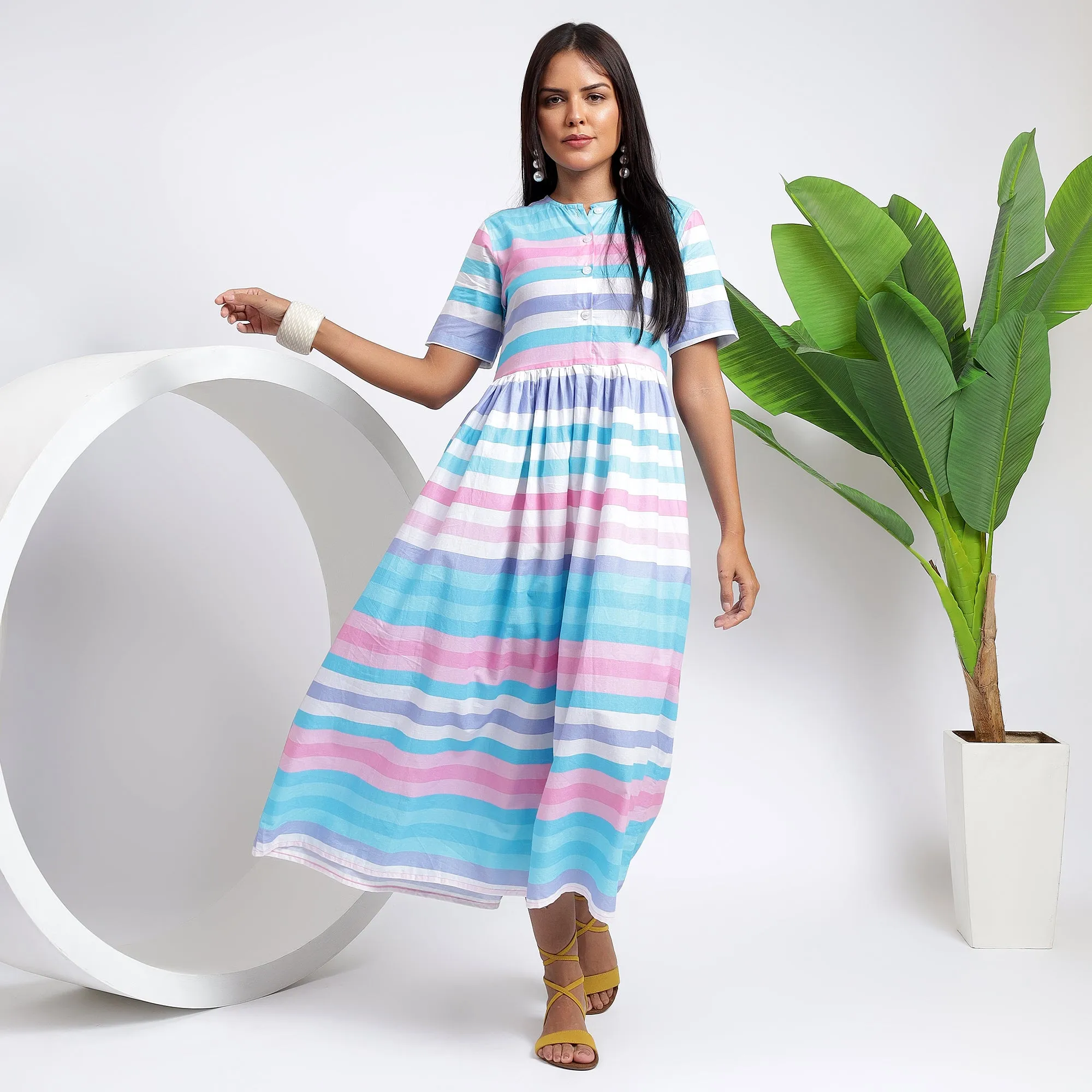 Relaxed Fit Cotton Striped Pocket Dresses: Sky Blue for Women