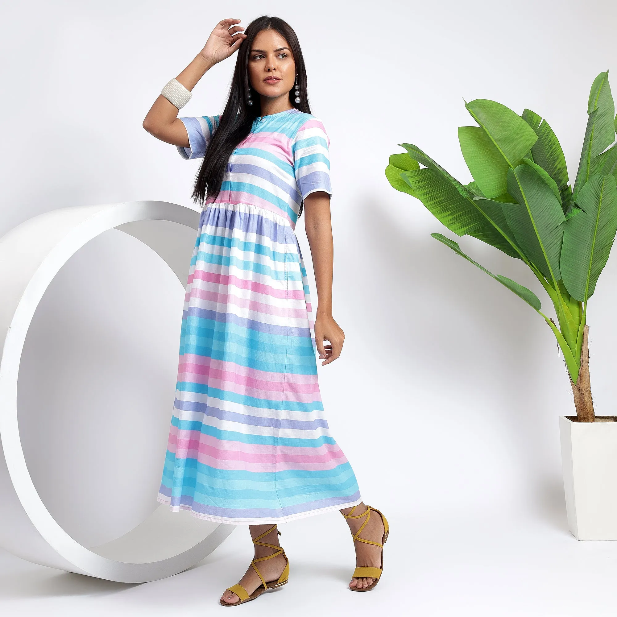 Relaxed Fit Cotton Striped Pocket Dresses: Sky Blue for Women