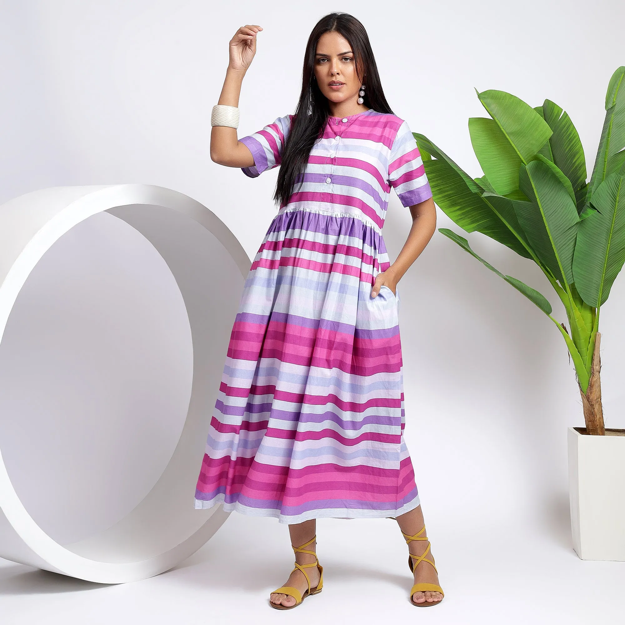 Relaxed Fit Cotton Striped Pocket Dresses: Sky Blue for Women