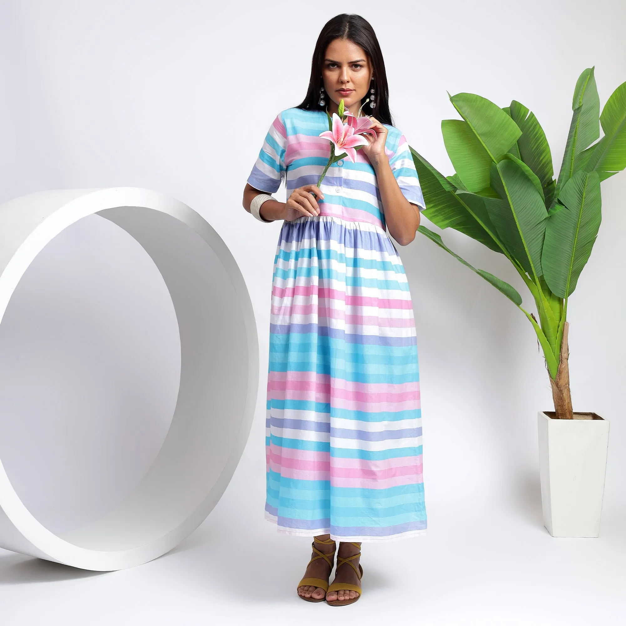 Relaxed Fit Cotton Striped Pocket Dresses: Sky Blue for Women