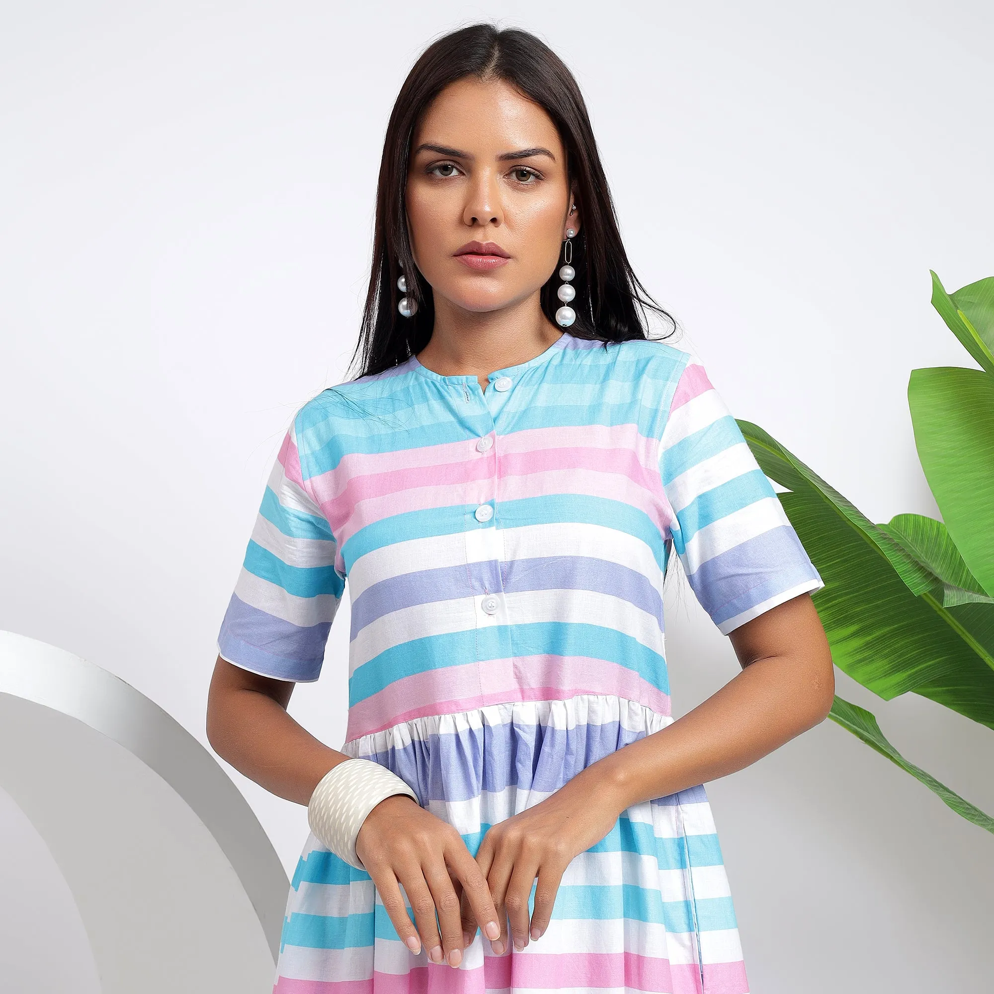 Relaxed Fit Cotton Striped Pocket Dresses: Sky Blue for Women