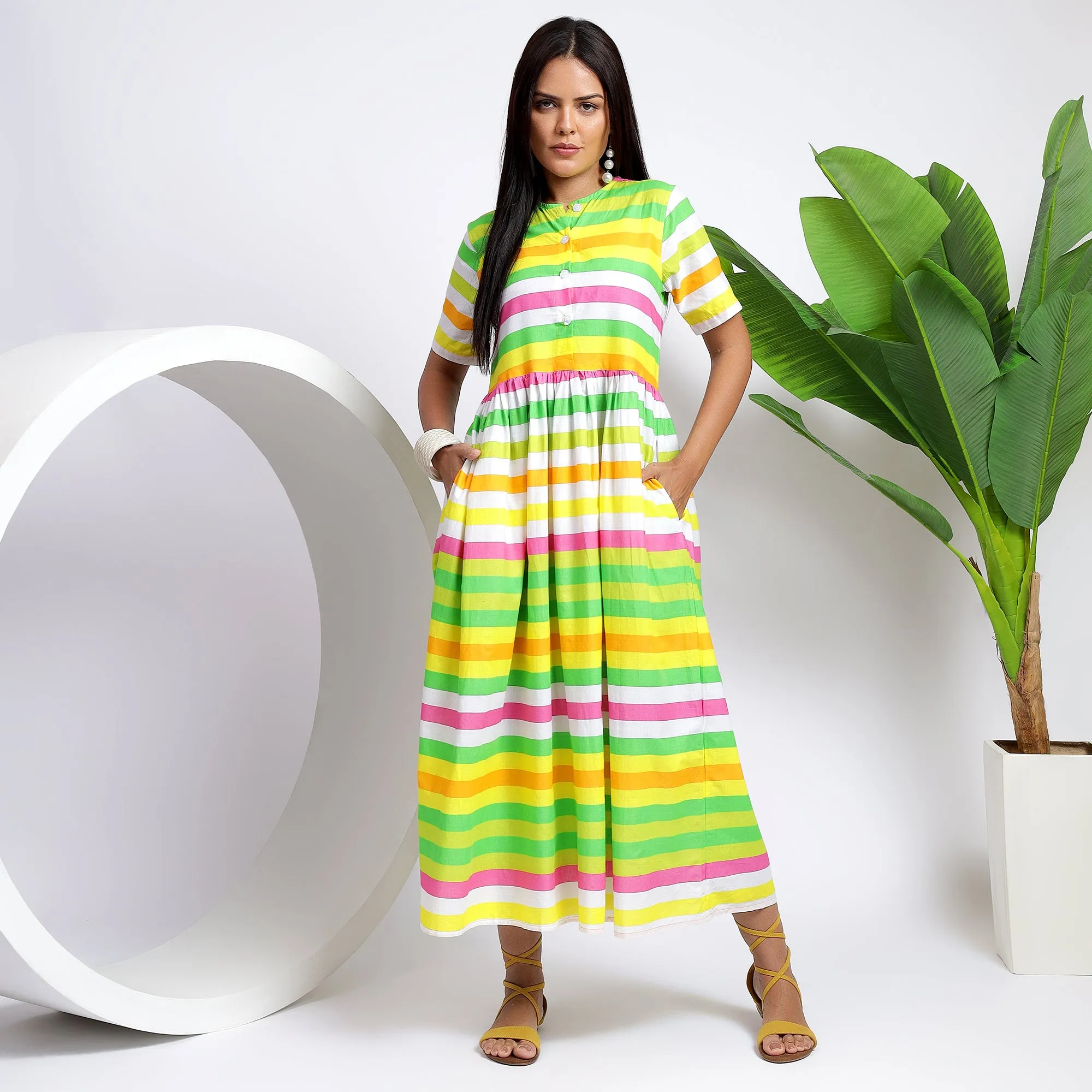 Relaxed Fit Cotton Striped Pocket Dresses: Sky Blue for Women