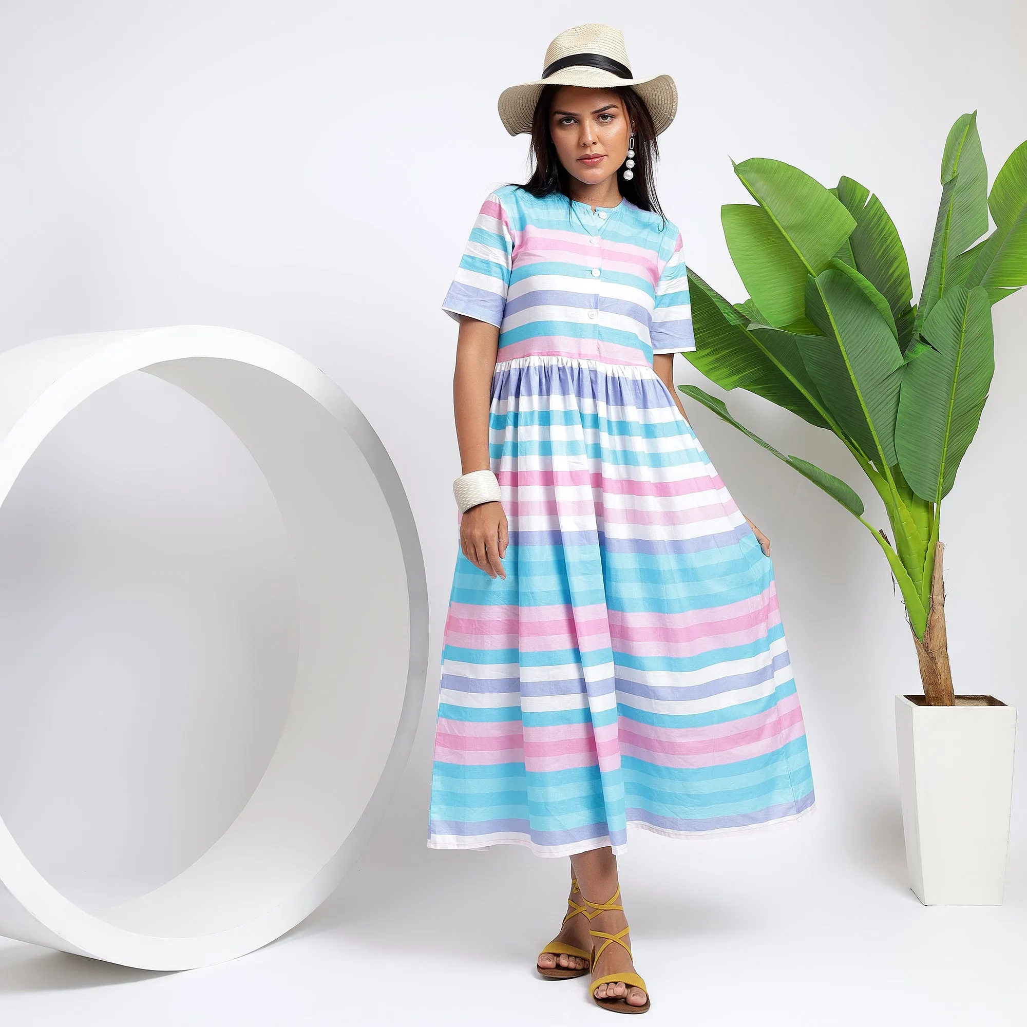 Relaxed Fit Cotton Striped Pocket Dresses: Sky Blue for Women