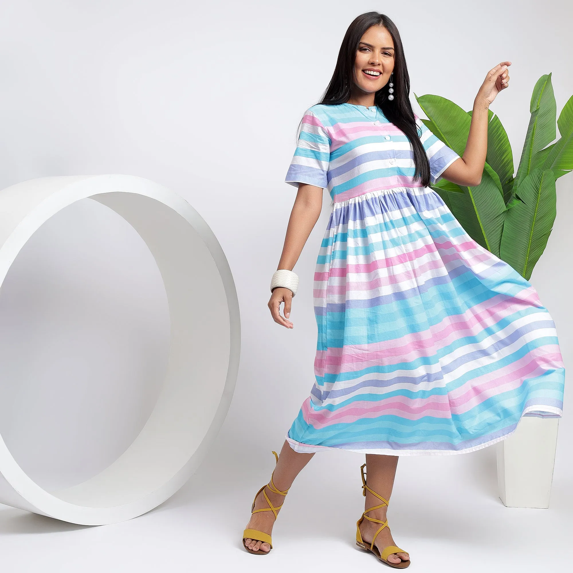 Relaxed Fit Cotton Striped Pocket Dresses: Sky Blue for Women