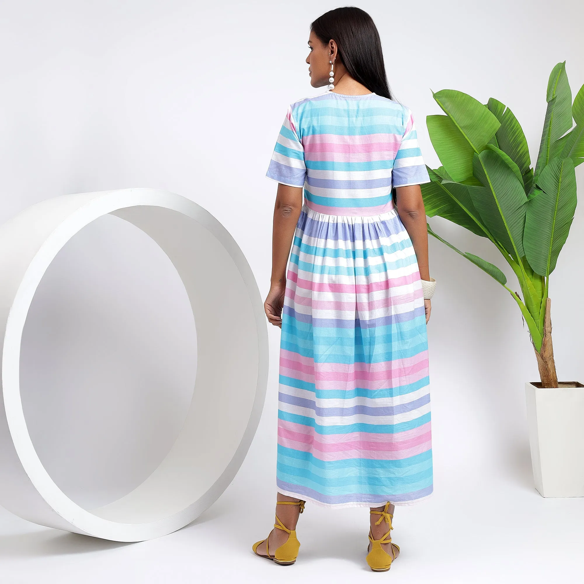 Relaxed Fit Cotton Striped Pocket Dresses: Sky Blue for Women