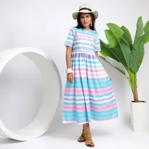 Relaxed Fit Cotton Striped Pocket Dresses: Sky Blue for Women