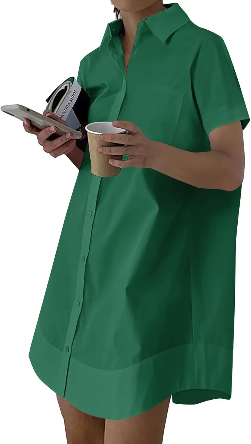 Rooscier Women's Casual Shirt Dress Collar V Neck Button Down Short Sleeve Loose Mini Dresses