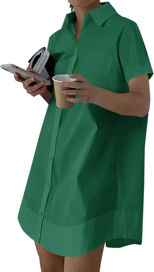 Rooscier Women's Casual Shirt Dress Collar V Neck Button Down Short Sleeve Loose Mini Dresses