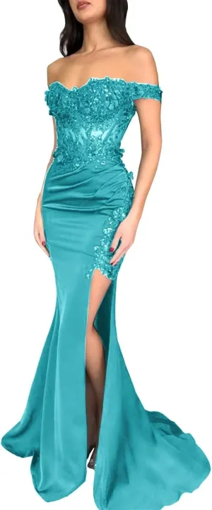 Satin Prom Dress for Women Laces Applique Off Shoulder Long Formal Evening Party Gowns with Slit