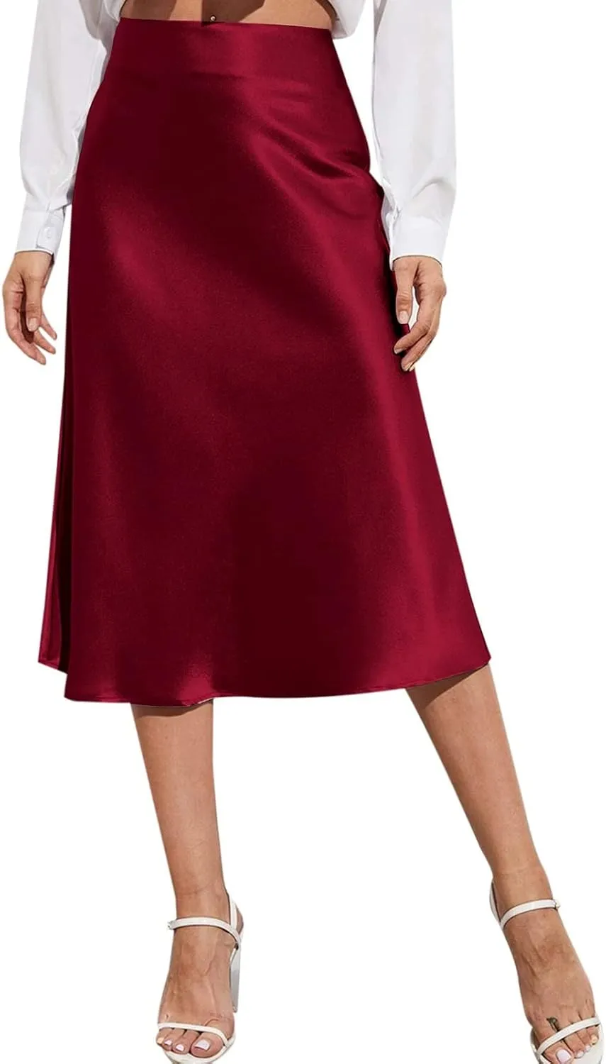 Satin Skirts for Women High Waisted Elegant Midi Length Dress Skirt with Front Tie Detail and Flowy Silhouette