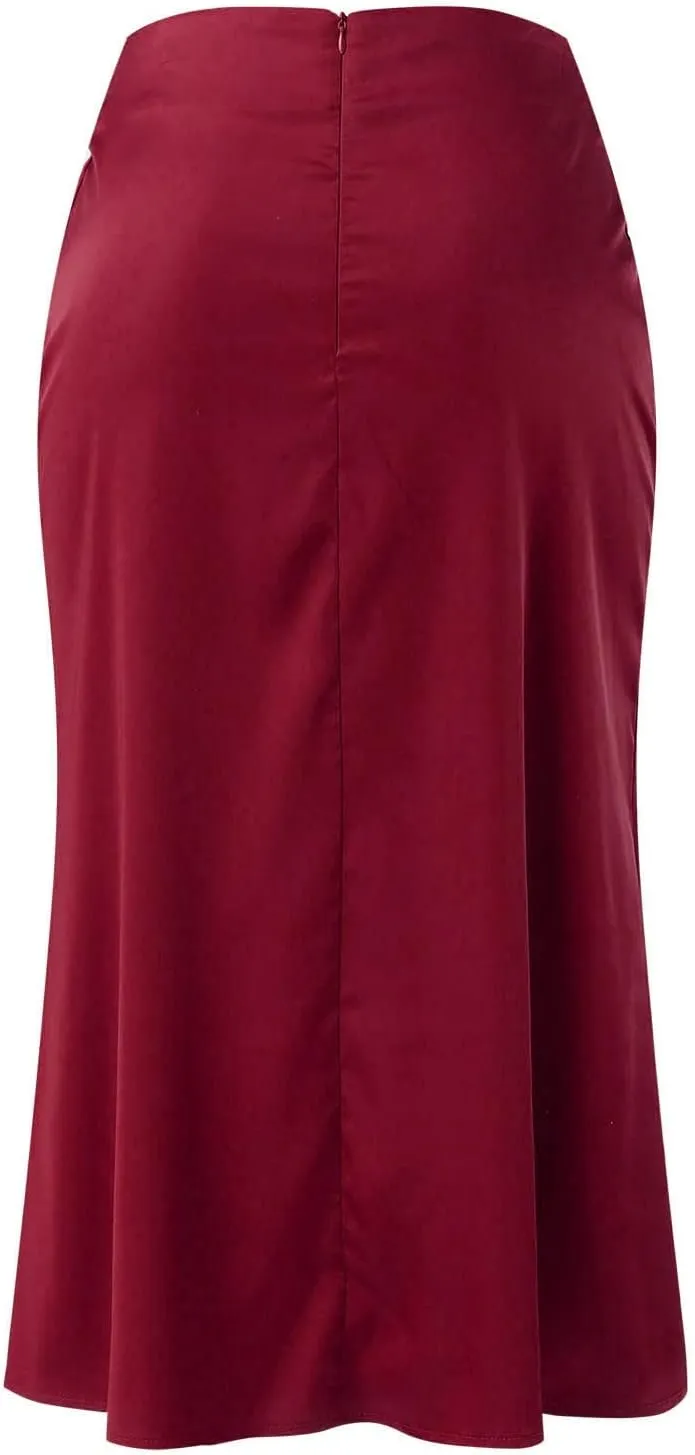 Satin Skirts for Women High Waisted Elegant Midi Length Dress Skirt with Front Tie Detail and Flowy Silhouette