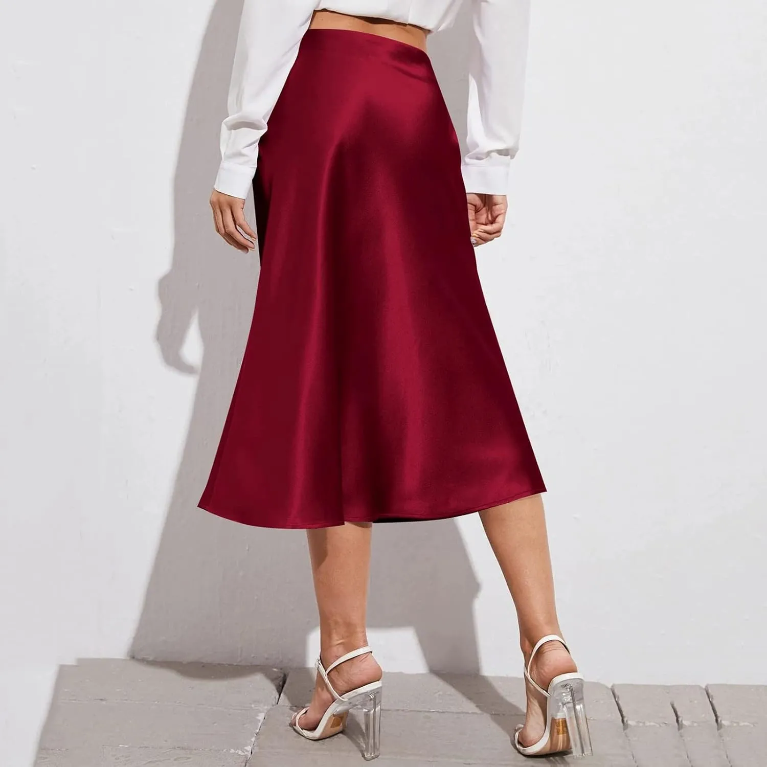 Satin Skirts for Women High Waisted Elegant Midi Length Dress Skirt with Front Tie Detail and Flowy Silhouette