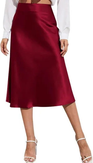 Satin Skirts for Women High Waisted Elegant Midi Length Dress Skirt with Front Tie Detail and Flowy Silhouette