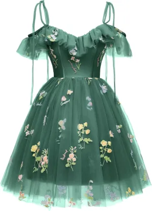 Short Homecoming Dresses for Teens Flower Embroidery Tulle Spaghetti Strap Knee Length Daisy Floral Prom Dresses
