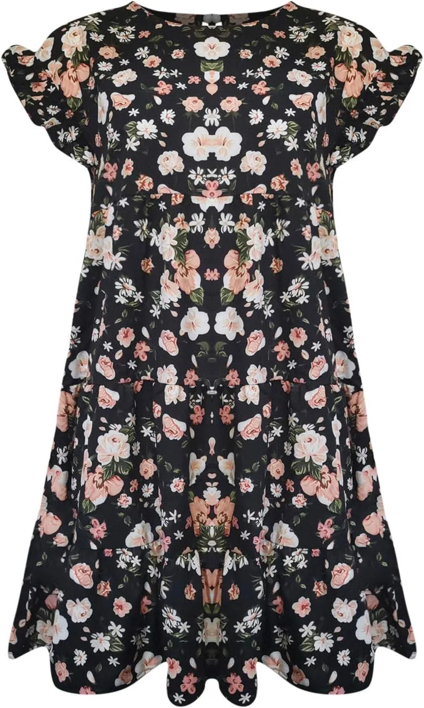 Short Sleeve Summer Dresses for Women 2025 Vacation Beach Floral Ruffles Boho Sundresses Loose Fit Crewneck Mini Dress
