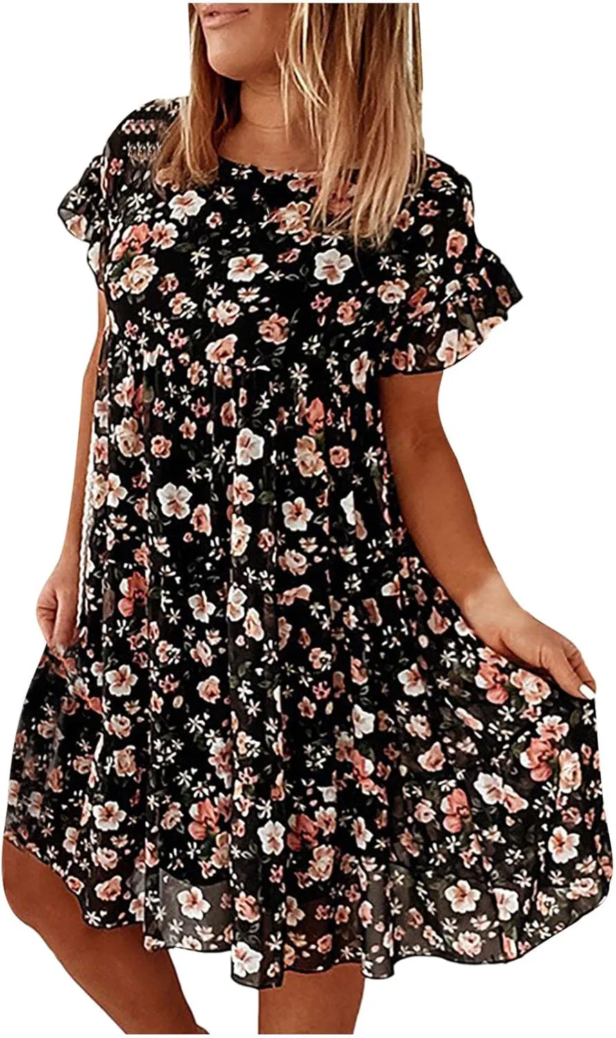 Short Sleeve Summer Dresses for Women 2025 Vacation Beach Floral Ruffles Boho Sundresses Loose Fit Crewneck Mini Dress