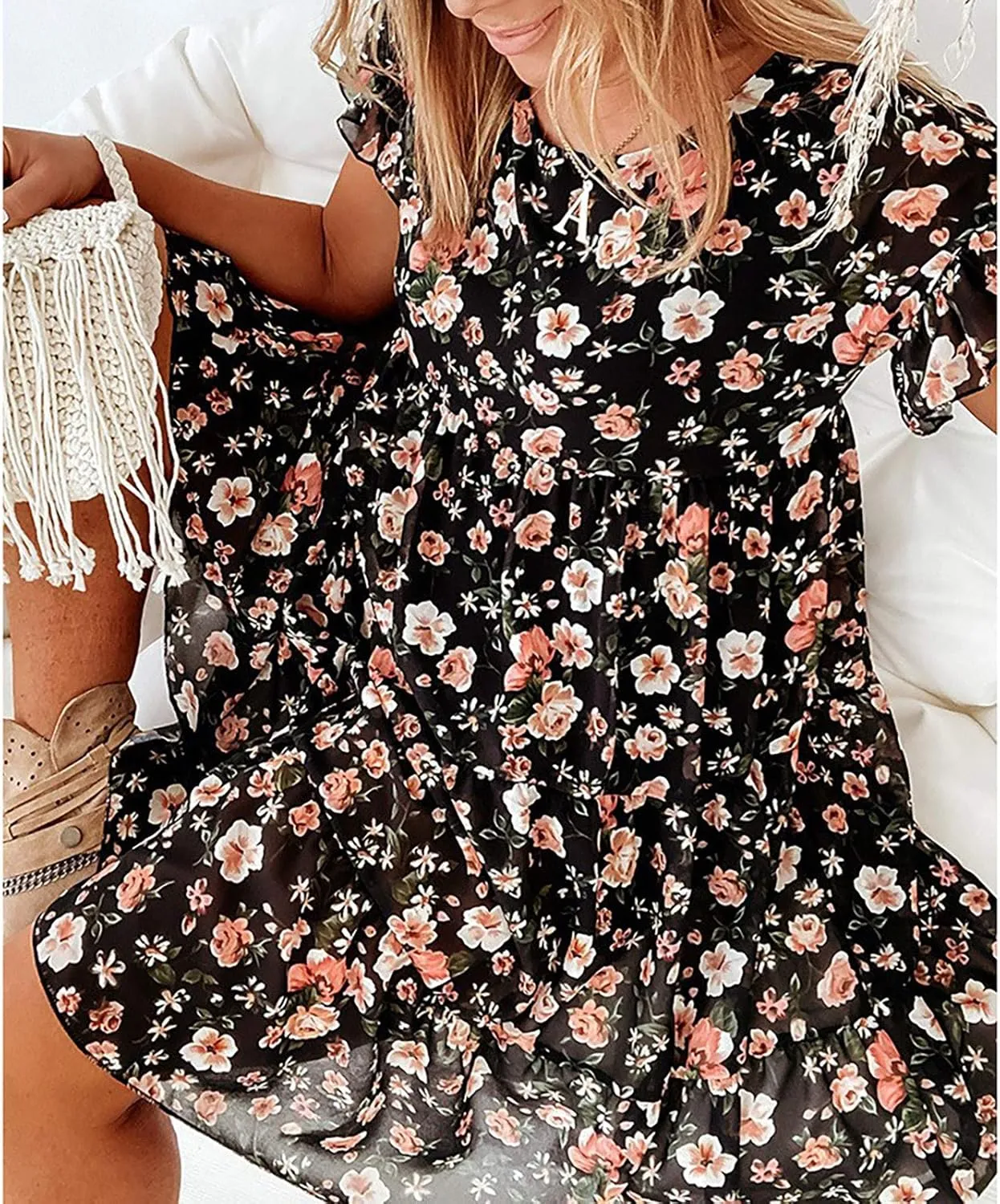 Short Sleeve Summer Dresses for Women 2025 Vacation Beach Floral Ruffles Boho Sundresses Loose Fit Crewneck Mini Dress