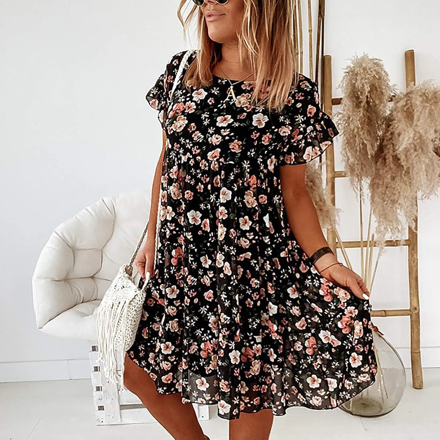 Short Sleeve Summer Dresses for Women 2025 Vacation Beach Floral Ruffles Boho Sundresses Loose Fit Crewneck Mini Dress